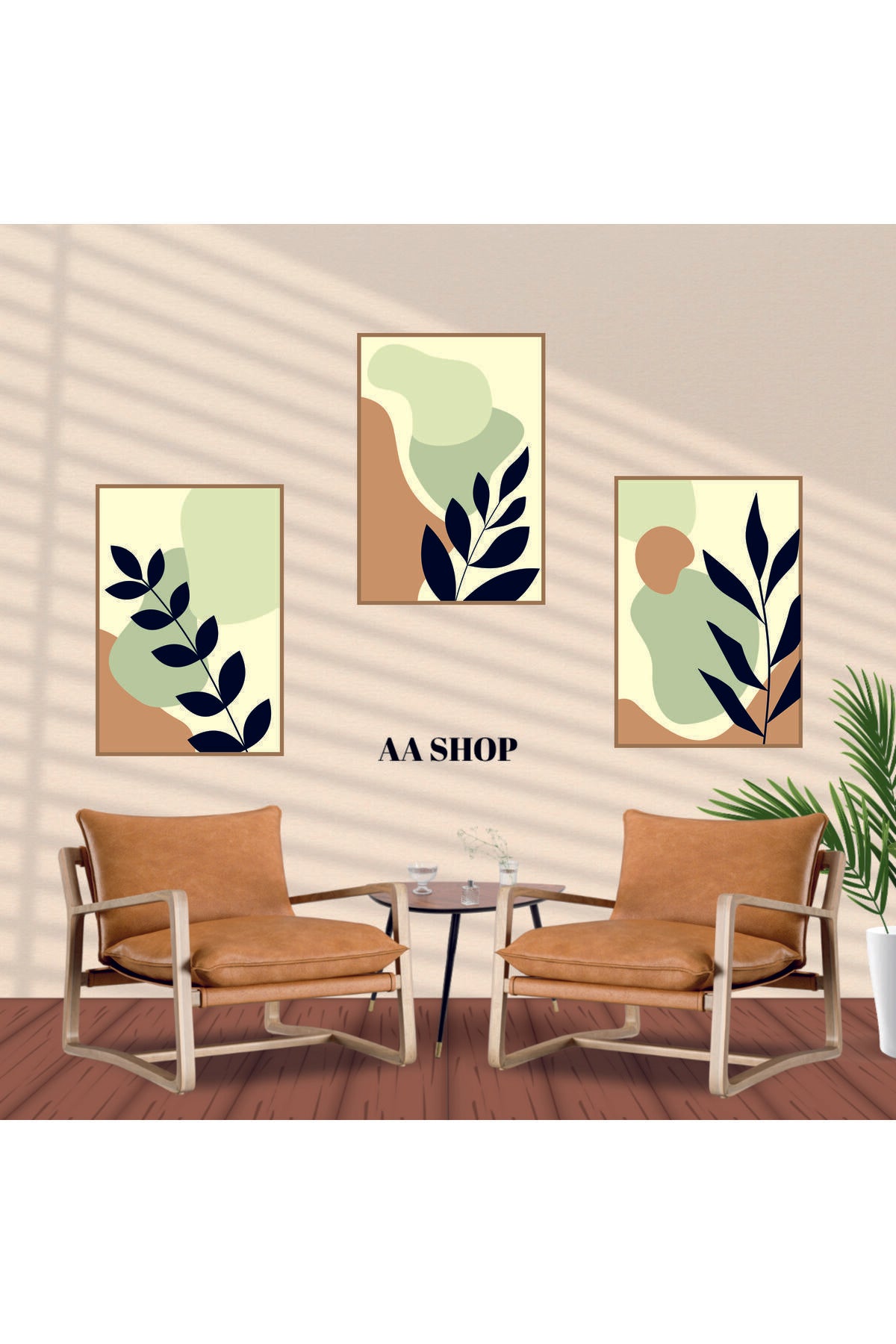 3 Parça Çiçek Yaprak Renkli Solmaz Kaliteli Baskı Çerçeve Görünümlü MDF Tablo Set 57