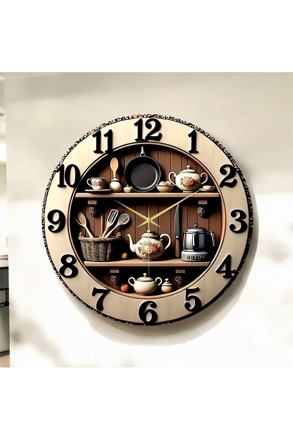 Mutfak Rafı Kabartma Görünümlü Renkli Baskı Desenli Sayılı Hediyelik Ahşap Sessiz Duvar Saati