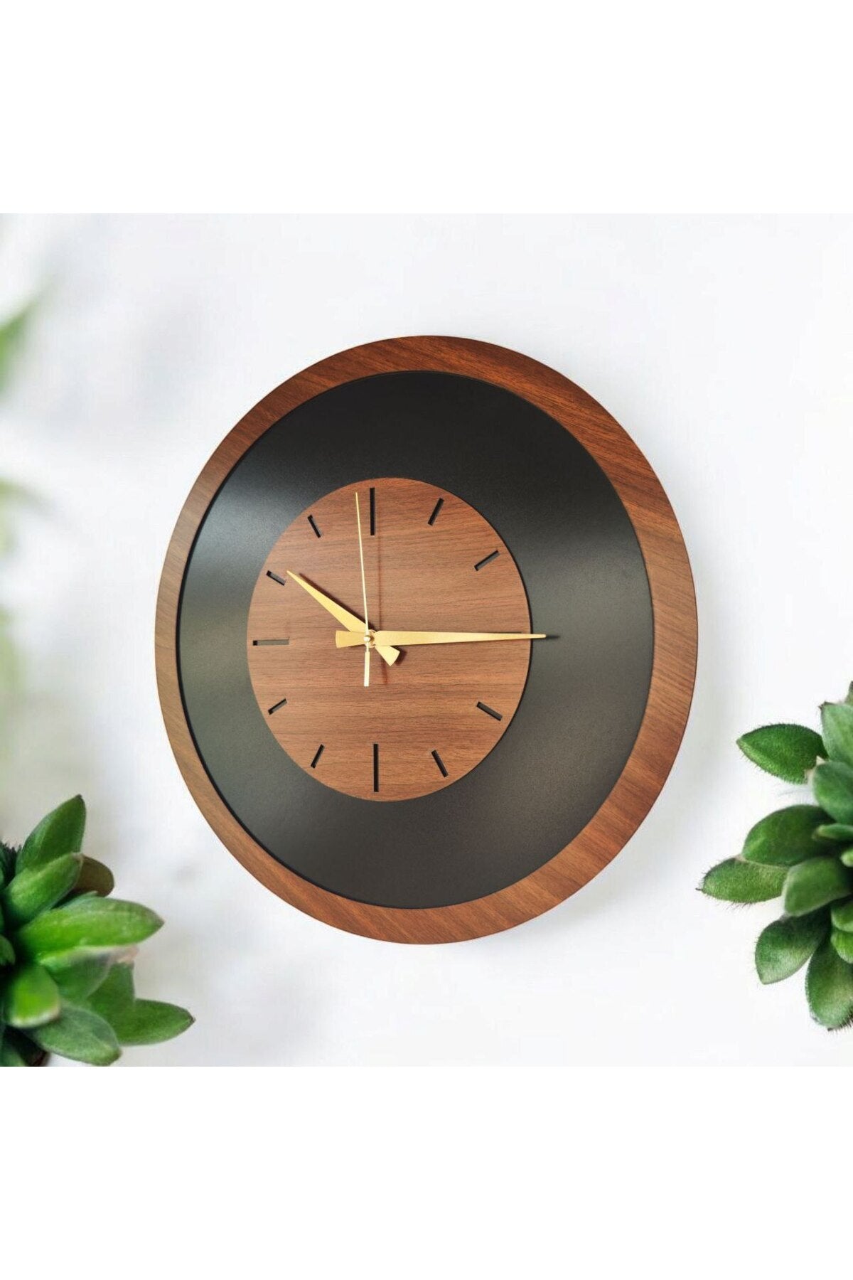 Ahşap Siyah Ve Ceviz Renk Sade Sayılı Hediyelik Sessiz Duvar Saati 50cm