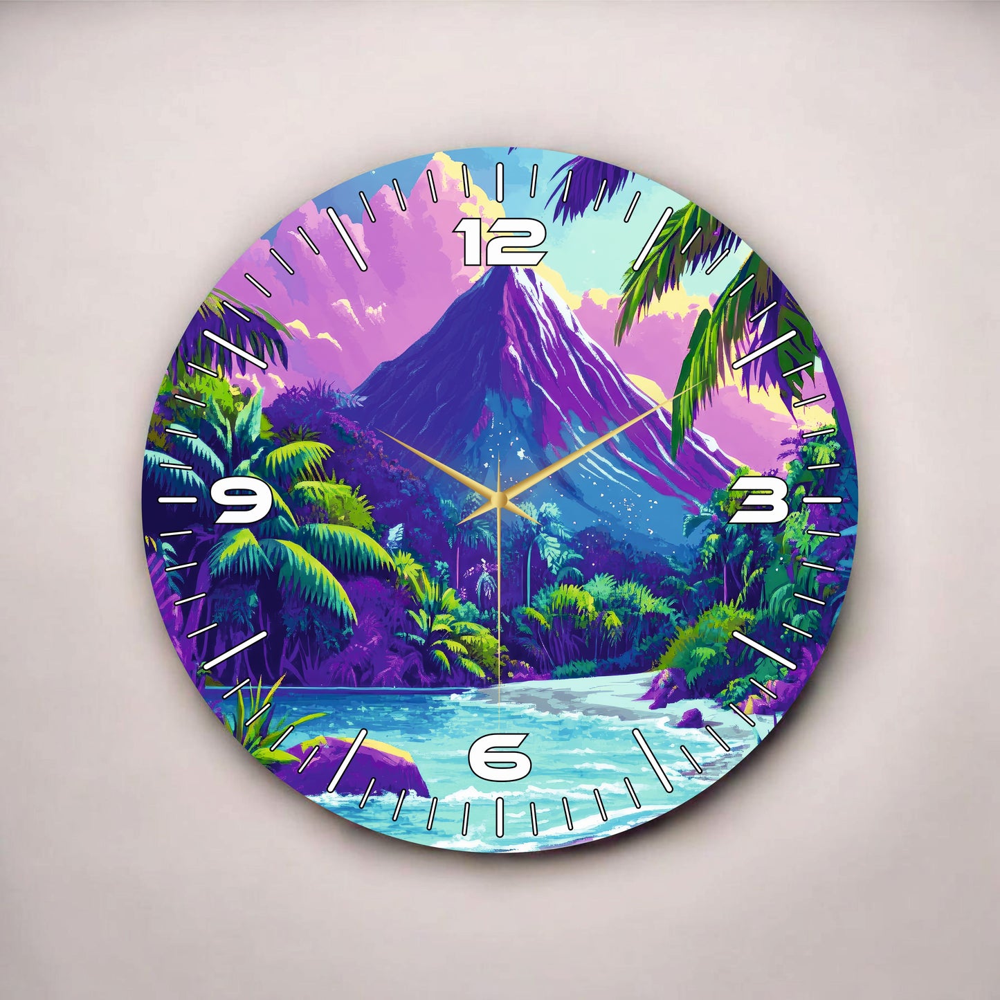 Dağ Doğa Renkli Baskı Desenli Sayılı Hediyelik Ahşap Sessiz Tablo Duvar Saati