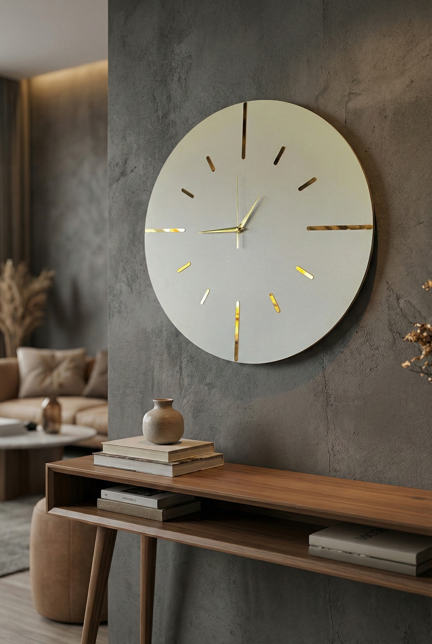 Ahşap Ceviz Mobilya Renk Desenli Hediyelik Sessiz Duvar Saati 50cm