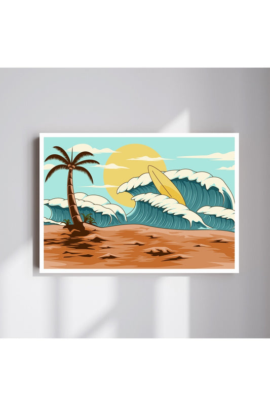 Deniz Sahil Sörf Büyük Boy Renkli Solmaz Kaliteli Baskı Çerçeve Görünümlü MDF Tablo 70x50cm 115