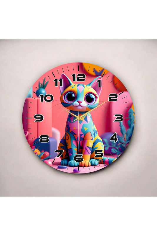 Renkli Baskı Kedi Hayvan Desenli Sayılı Hediyelik Ahşap Sessiz Tablo Duvar Saati