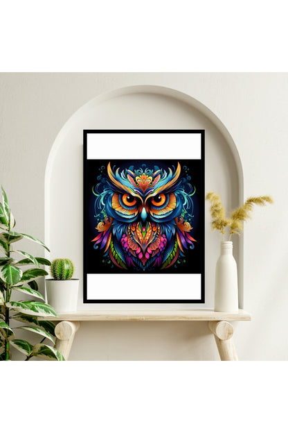 Baykuş Hayvan Büyük Boy Renkli Solmaz Kaliteli Baskı Çerçeve Görünümlü MDF Tablo 70x50cm 138