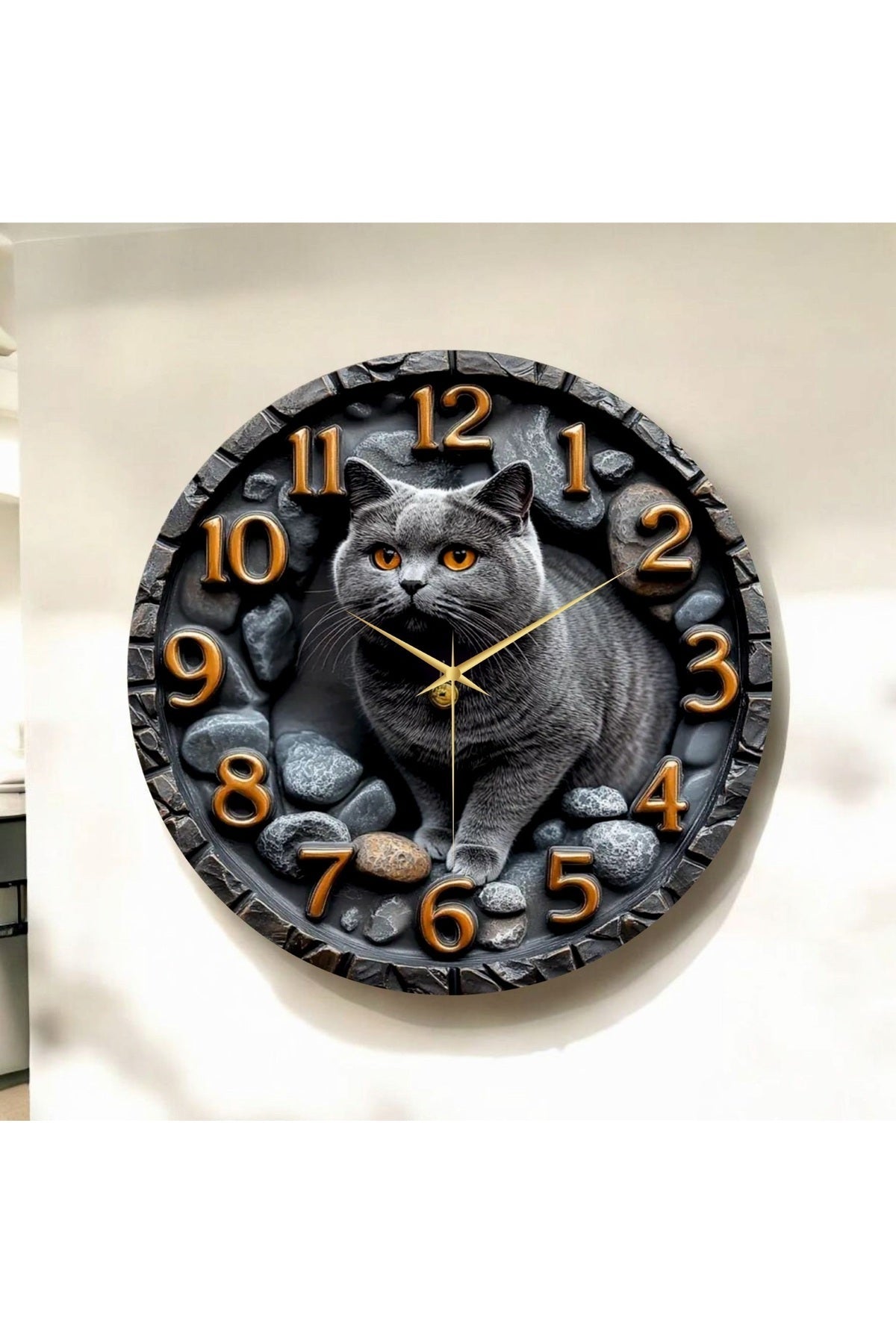 Scottish Kedi Kabartma Görünümlü Renkli Baskı Desenli Sayılı Hediyelik Ahşap Sessiz Duvar Saati