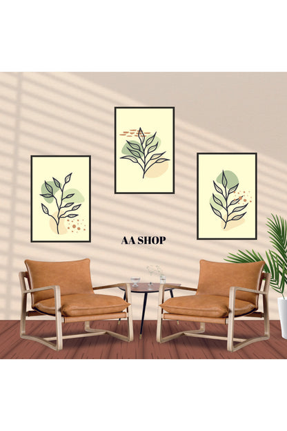 3 Parça Çiçek Yaprak Renkli Solmaz Kaliteli Baskı Çerçeve Görünümlü MDF Tablo Set 66