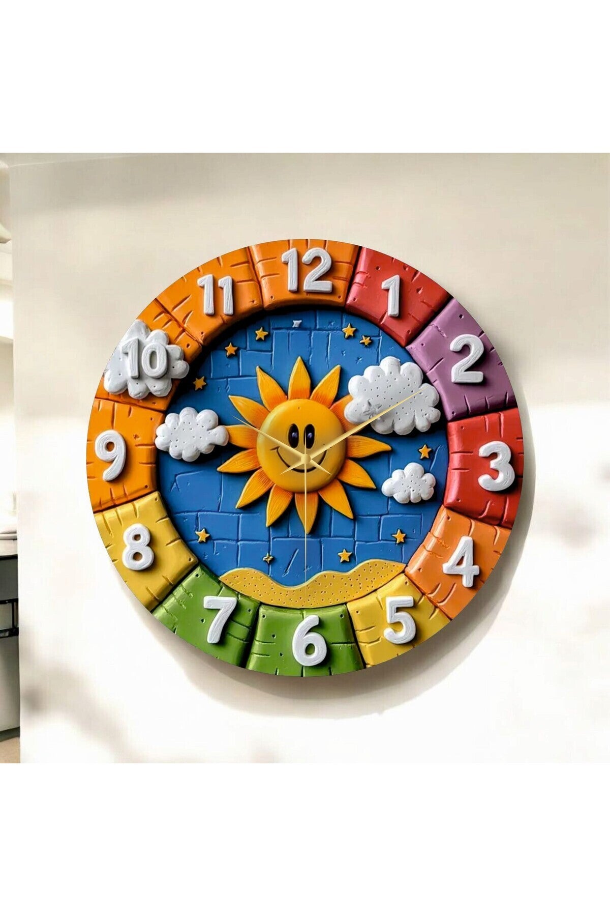 Renkli Baskı Güneş Çocuk Desenli Sayılı Hediyelik Ahşap Sessiz Tablo Duvar Saati