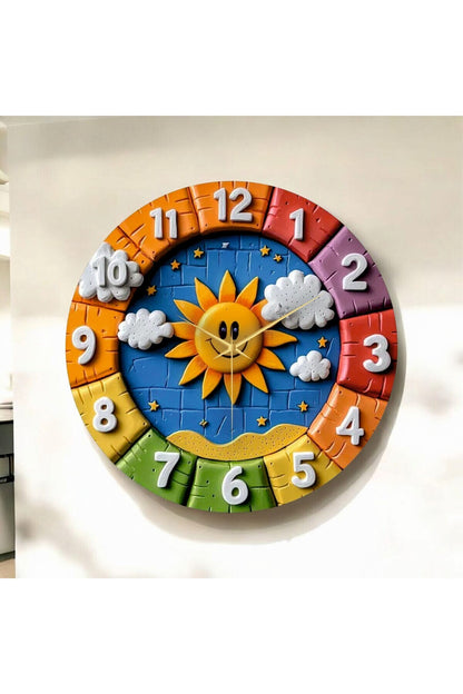 Renkli Baskı Güneş Çocuk Desenli Sayılı Hediyelik Ahşap Sessiz Tablo Duvar Saati