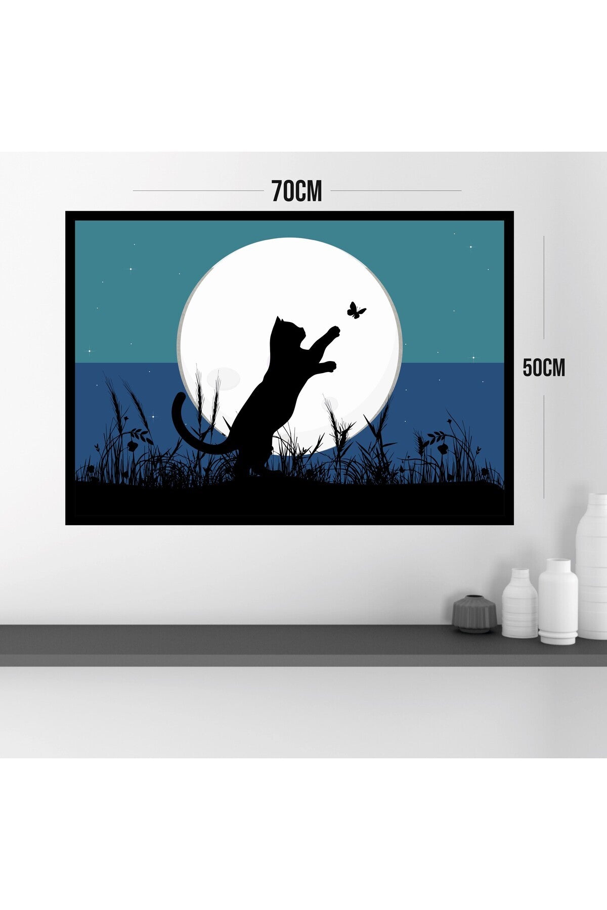 Kedi Manzara Büyük Boy Renkli Solmaz Kaliteli Baskı Çerçeve Görünümlü MDF Tablo 70x50cm 78