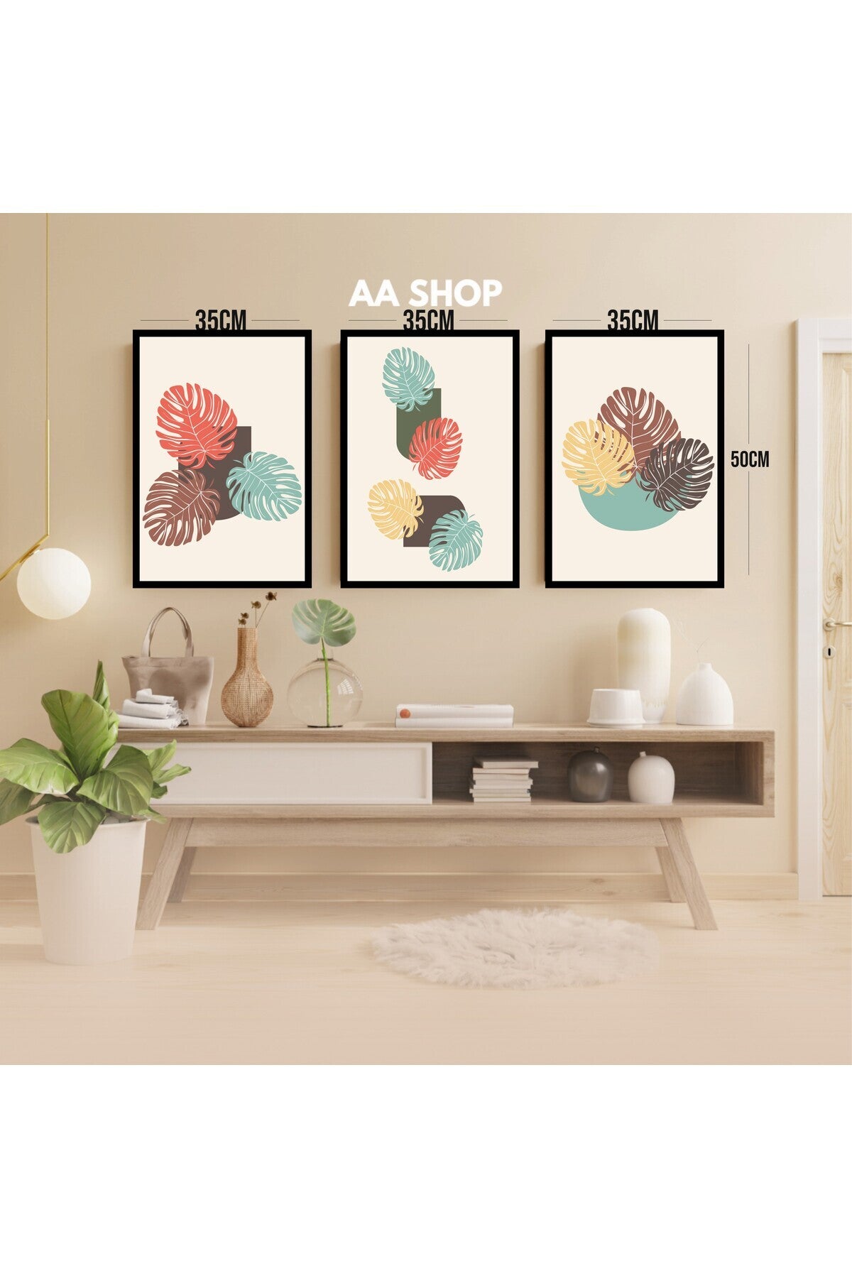 3 Parça Çiçek Yaprak Renkli Solmaz Kaliteli Baskı Çerçeve Görünümlü MDF Tablo Set 65