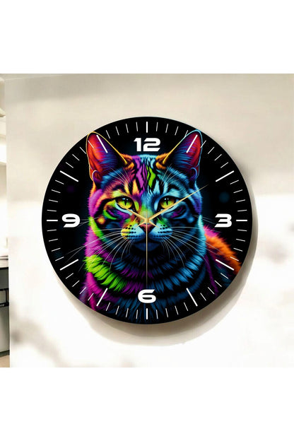 Kedi Fotoğraflı Neon Renkli Baskı Desenli Sayılı Hediyelik Ahşap Sessiz Tablo Duvar Saati