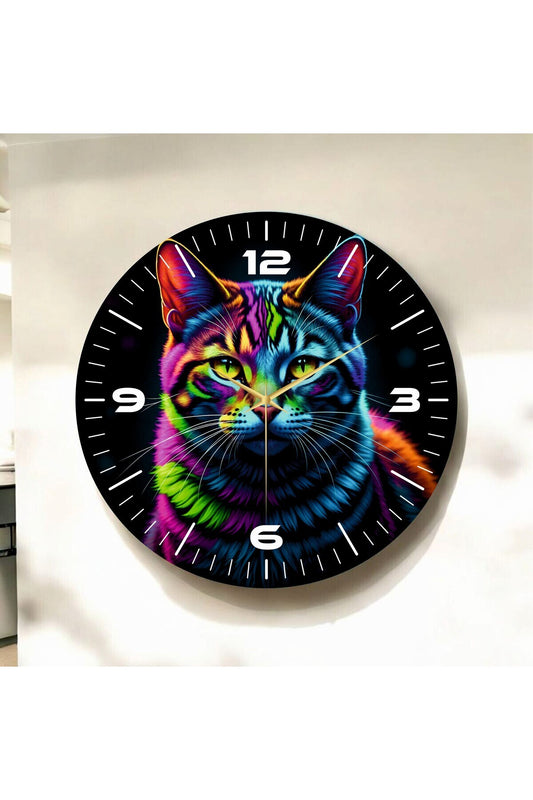 Kedi Fotoğraflı Neon Renkli Baskı Desenli Sayılı Hediyelik Ahşap Sessiz Tablo Duvar Saati