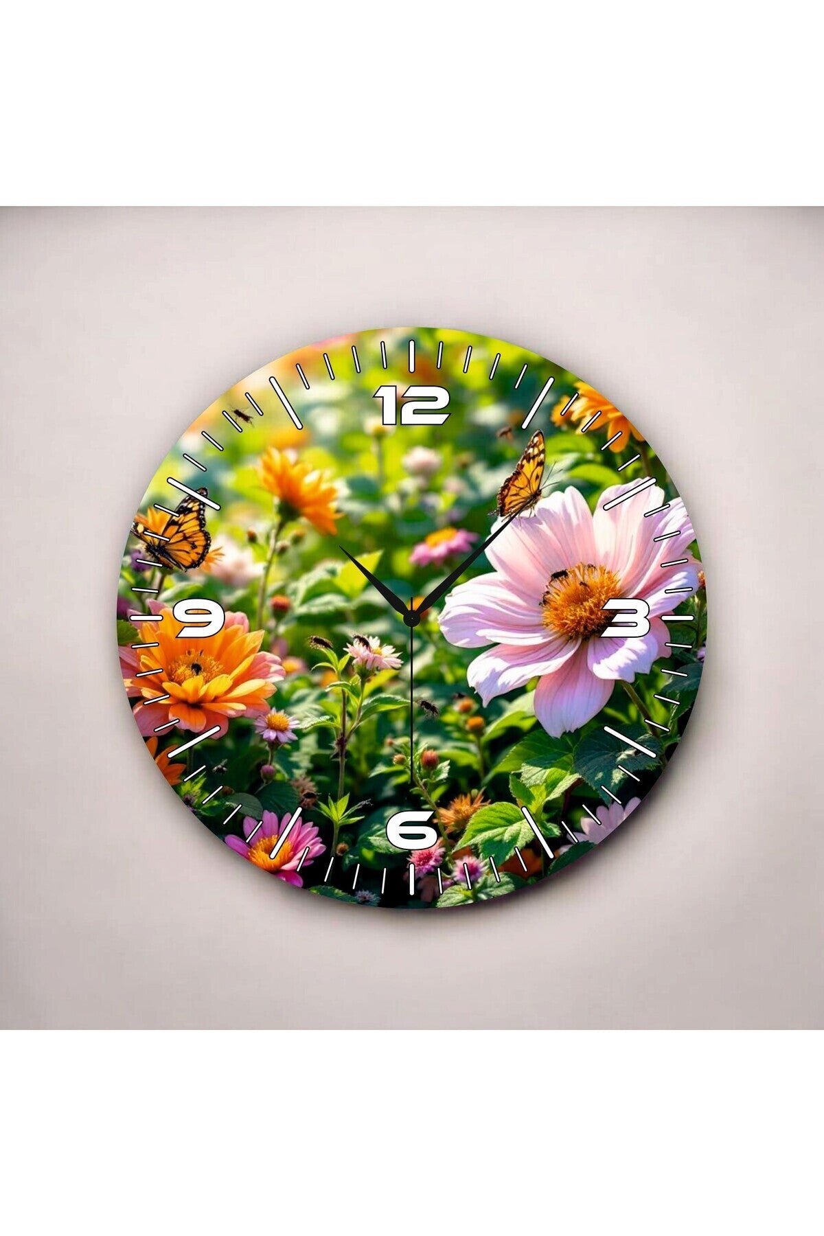 Renkli Baskı Şakayık Çiçek Desenli Sayılı Hediyelik Ahşap Sessiz Tablo Duvar Saati