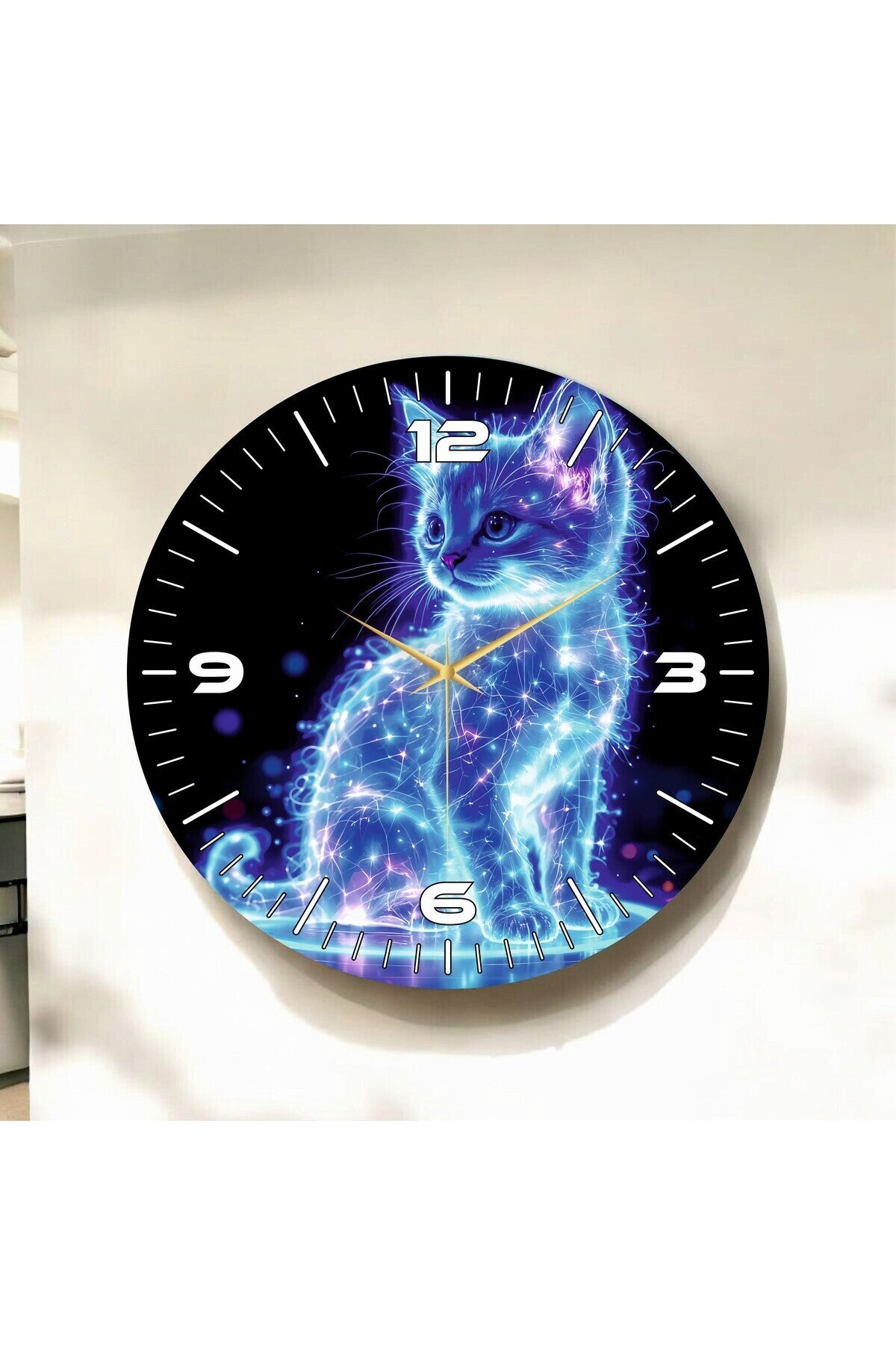 Uzay Kedisi Renkli Baskı Desenli Sayılı Hediyelik Ahşap Sessiz Tablo Duvar Saati