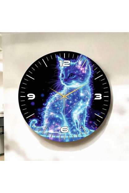 Uzay Kedisi Renkli Baskı Desenli Sayılı Hediyelik Ahşap Sessiz Tablo Duvar Saati