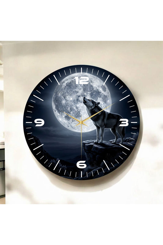 Renkli Baskı Bozkurt ve Ay Desenli Sayılı Hediyelik Ahşap Sessiz Tablo Duvar Saati