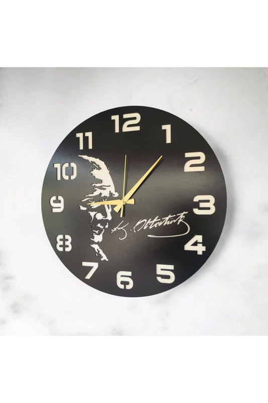 Atatürk Imza Ahşap Siyah Renk Sade Sayılı Hediyelik Sessiz Duvar Saati 50cm