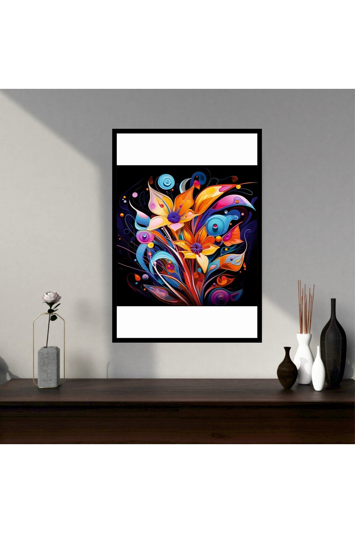 Çiçek Yaprak Büyük Boy Renkli Solmaz Kaliteli Baskı Çerçeve Görünümlü MDF Tablo 70x50cm 159