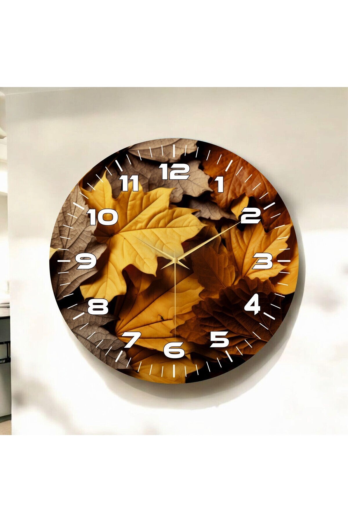 Sarı Kahve Renkli Yaprak Baskı Desenli Sayılı Hediyelik Ahşap Sessiz Tablo Duvar Saati
