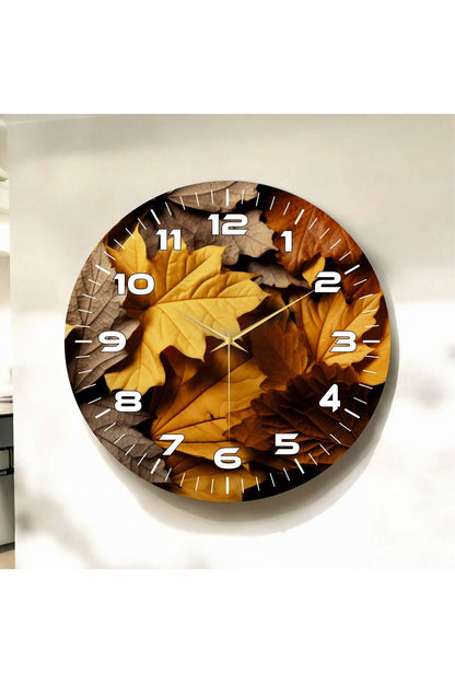Sarı Kahve Renkli Yaprak Baskı Desenli Sayılı Hediyelik Ahşap Sessiz Tablo Duvar Saati