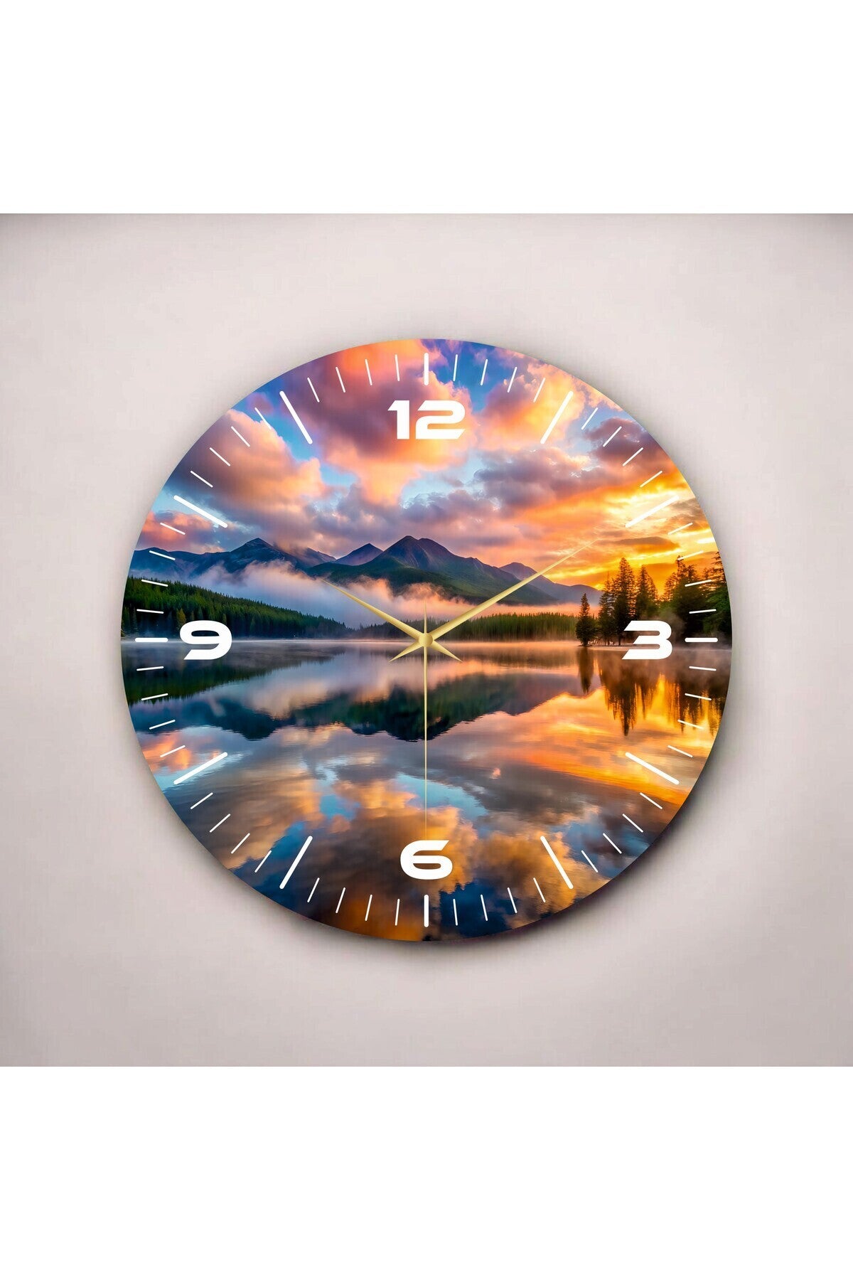 Renkli Baskı Gün Batımı ve Göl Manzarası Desenli Sayılı Hediyelik Ahşap Sessiz Duvar Saati