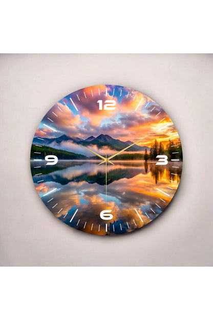 Renkli Baskı Gün Batımı ve Göl Manzarası Desenli Sayılı Hediyelik Ahşap Sessiz Duvar Saati