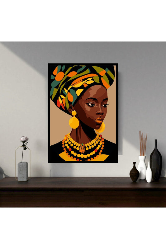 Afrika Kadın Büyük Boy Renkli Solmaz Kaliteli Baskı Çerçeve Görünümlü MDF Tablo 70x50cm 12
