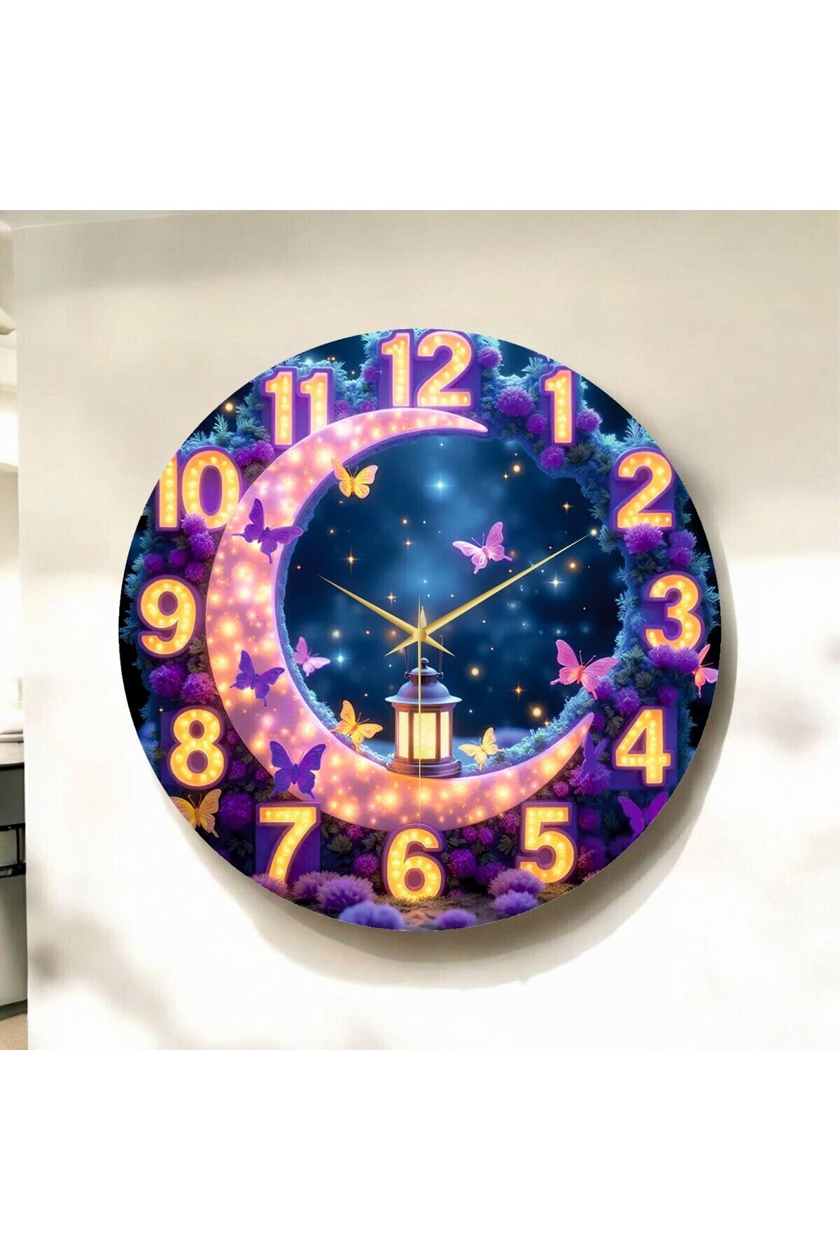 Led Görünümlü Renkli Baskı Hilal ve Kelebek Desenli Sayılı Hediyelik Ahşap Sessiz Duvar Saati
