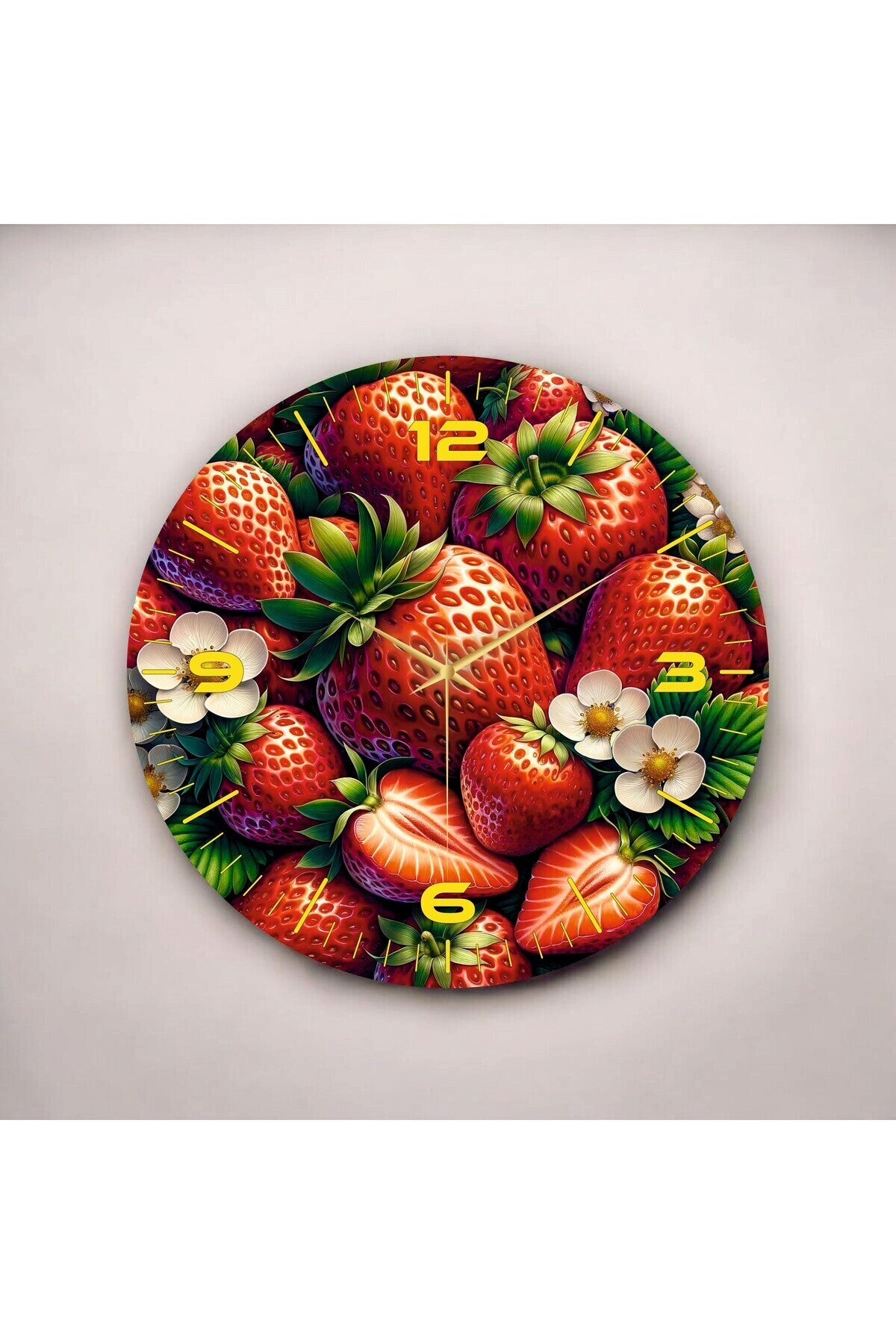 Renkli Baskı Çilek Meyve Desenli Sayılı Hediyelik Ahşap Sessiz Tablo Duvar Saati