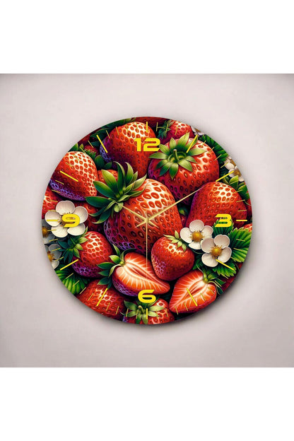 Renkli Baskı Çilek Meyve Desenli Sayılı Hediyelik Ahşap Sessiz Tablo Duvar Saati