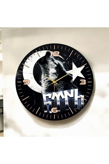 Renkli Baskı Bozkurt Türk Bayrağı Desenli Sayılı Hediyelik Ahşap Sessiz Tablo Duvar Saati