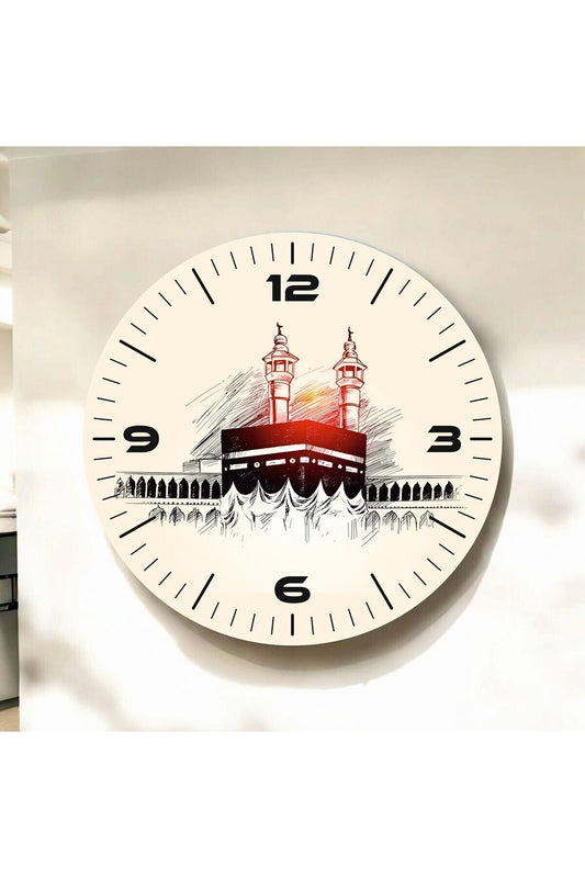 Renkli Baskı Kabe Dini Desenli Sayılı Hediyelik Ahşap Sessiz Tablo Duvar Saati