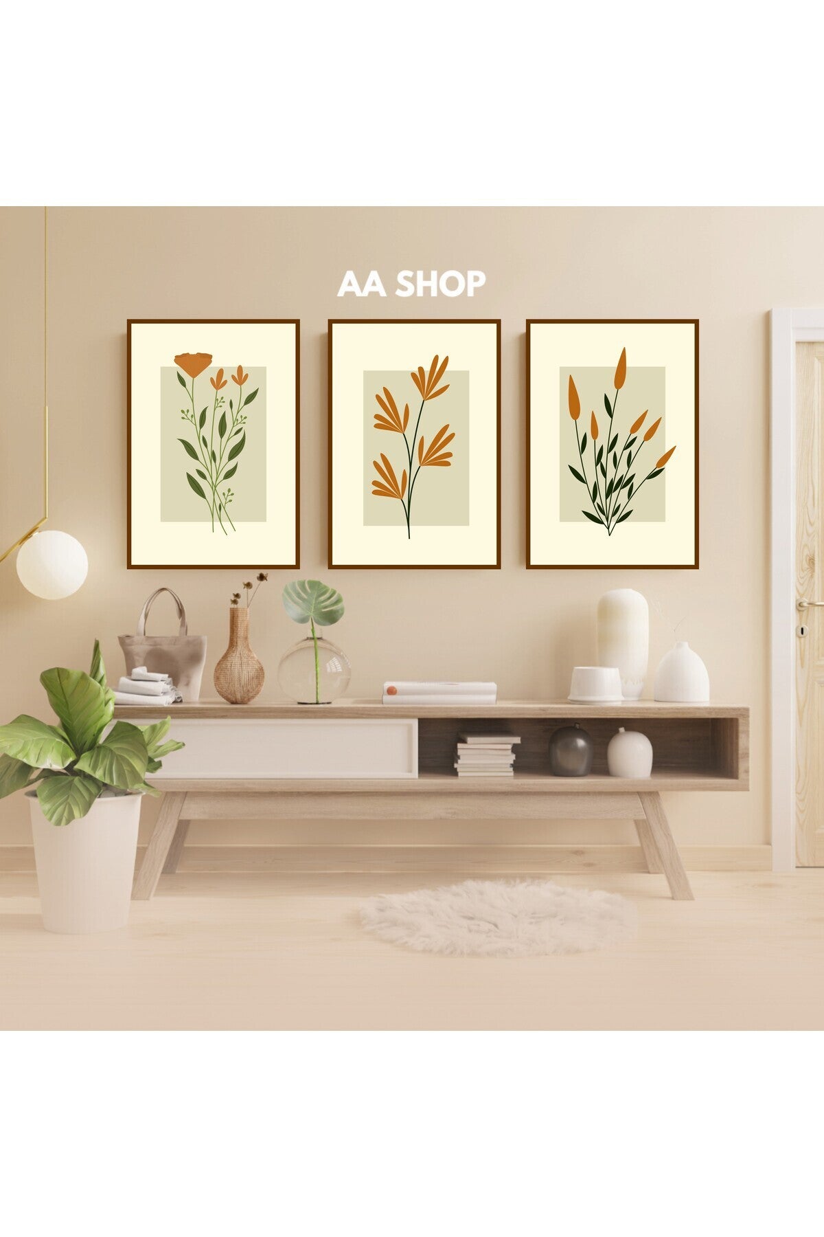 3 Parça Çiçek Yaprak Renkli Solmaz Kaliteli Baskı Çerçeve Görünümlü MDF Tablo Set 54