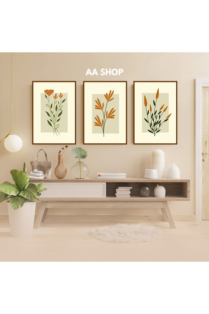 3 Parça Çiçek Yaprak Renkli Solmaz Kaliteli Baskı Çerçeve Görünümlü MDF Tablo Set 54