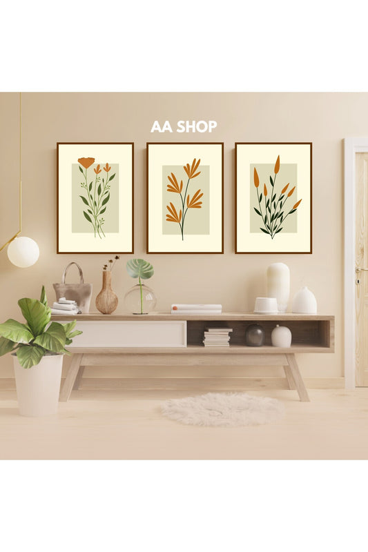 3 Parça Çiçek Yaprak Renkli Solmaz Kaliteli Baskı Çerçeve Görünümlü MDF Tablo Set 54