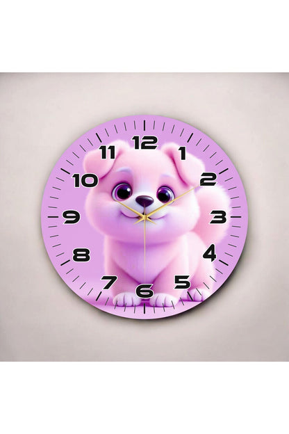 Yavru Köpek Pembe Renkli Baskı Hayvan Desenli Sayılı Hediyelik Ahşap Sessiz Tablo Duvar Saati