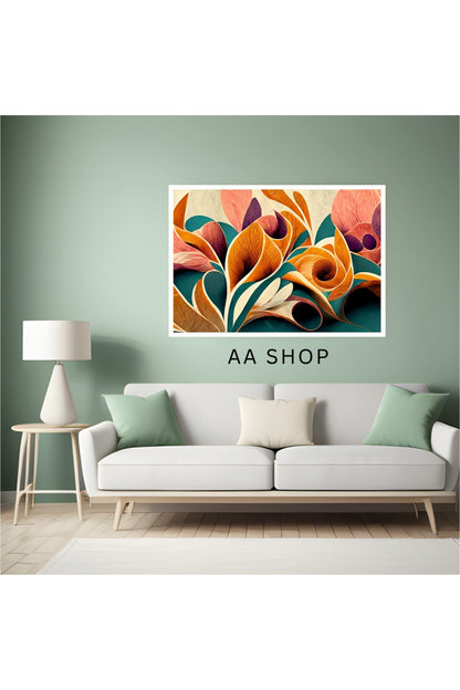 Çiçek Yaprak Büyük Boy Renkli Solmaz Kaliteli Baskı Çerçeve Görünümlü MDF Tablo 70x50cm 160