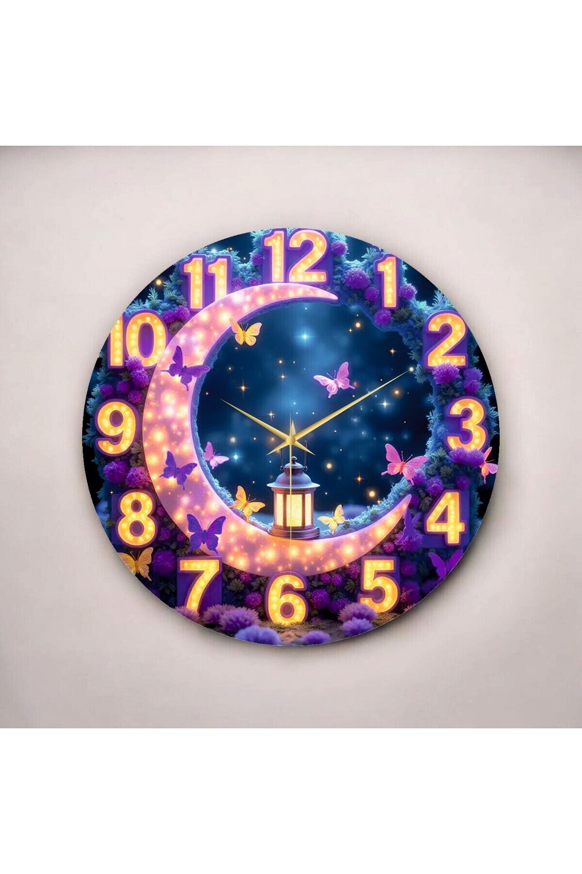 Led Görünümlü Renkli Baskı Hilal ve Kelebek Desenli Sayılı Hediyelik Ahşap Sessiz Duvar Saati