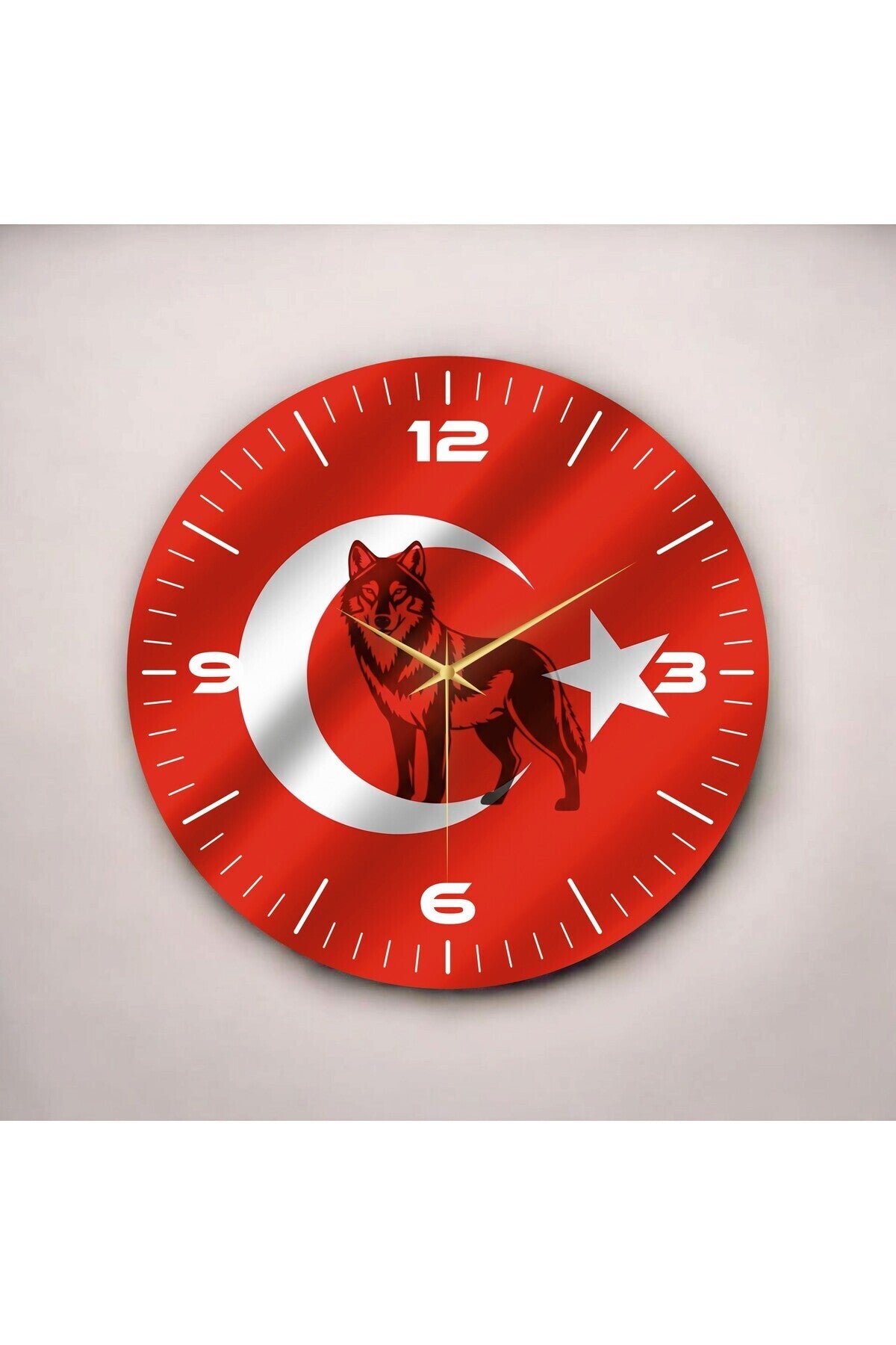 Kırmızı Renkli Baskı Bozkurt Türk Bayrağı Desenli Sayılı Hediyelik Ahşap Sessiz Duvar Saati