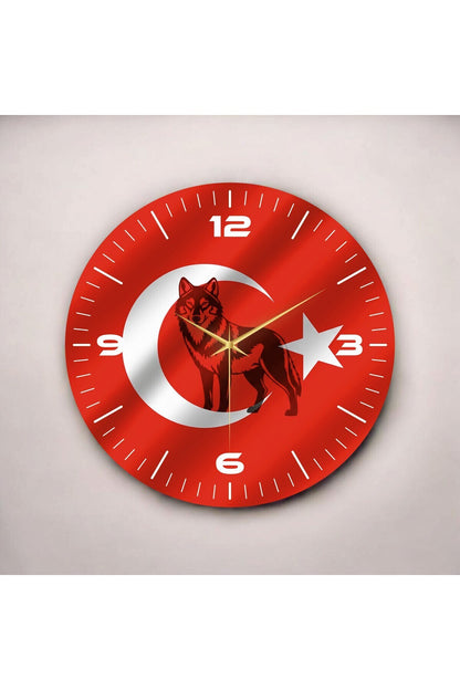 Kırmızı Renkli Baskı Bozkurt Türk Bayrağı Desenli Sayılı Hediyelik Ahşap Sessiz Duvar Saati