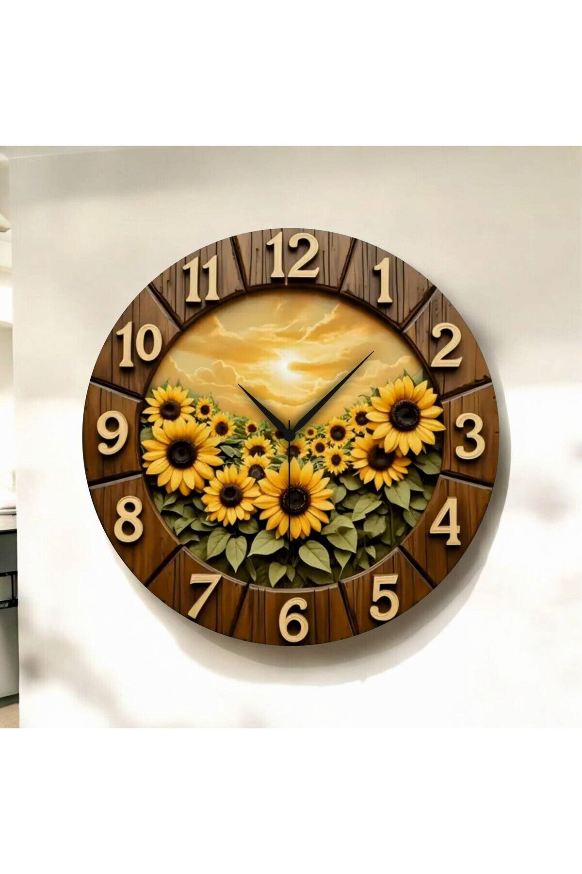 2D Ayçiçeği Desenli Renkli Baskı Sayılı Hediyelik Ahşap Sessiz Tablo Duvar Saati