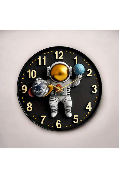 Renkli Baskı Astronot Çocuk Desenli Sayılı Hediyelik Ahşap Sessiz Tablo Duvar Saati