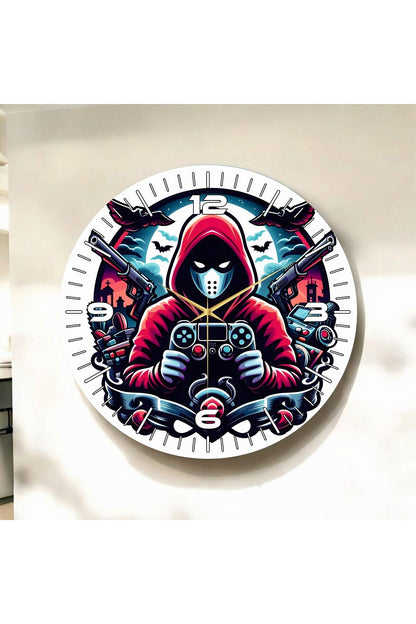 Renkli Baskı Gamer Desenli Sayılı Hediyelik Ahşap Sessiz Tablo Duvar Saati