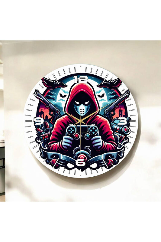 Renkli Baskı Gamer Desenli Sayılı Hediyelik Ahşap Sessiz Tablo Duvar Saati