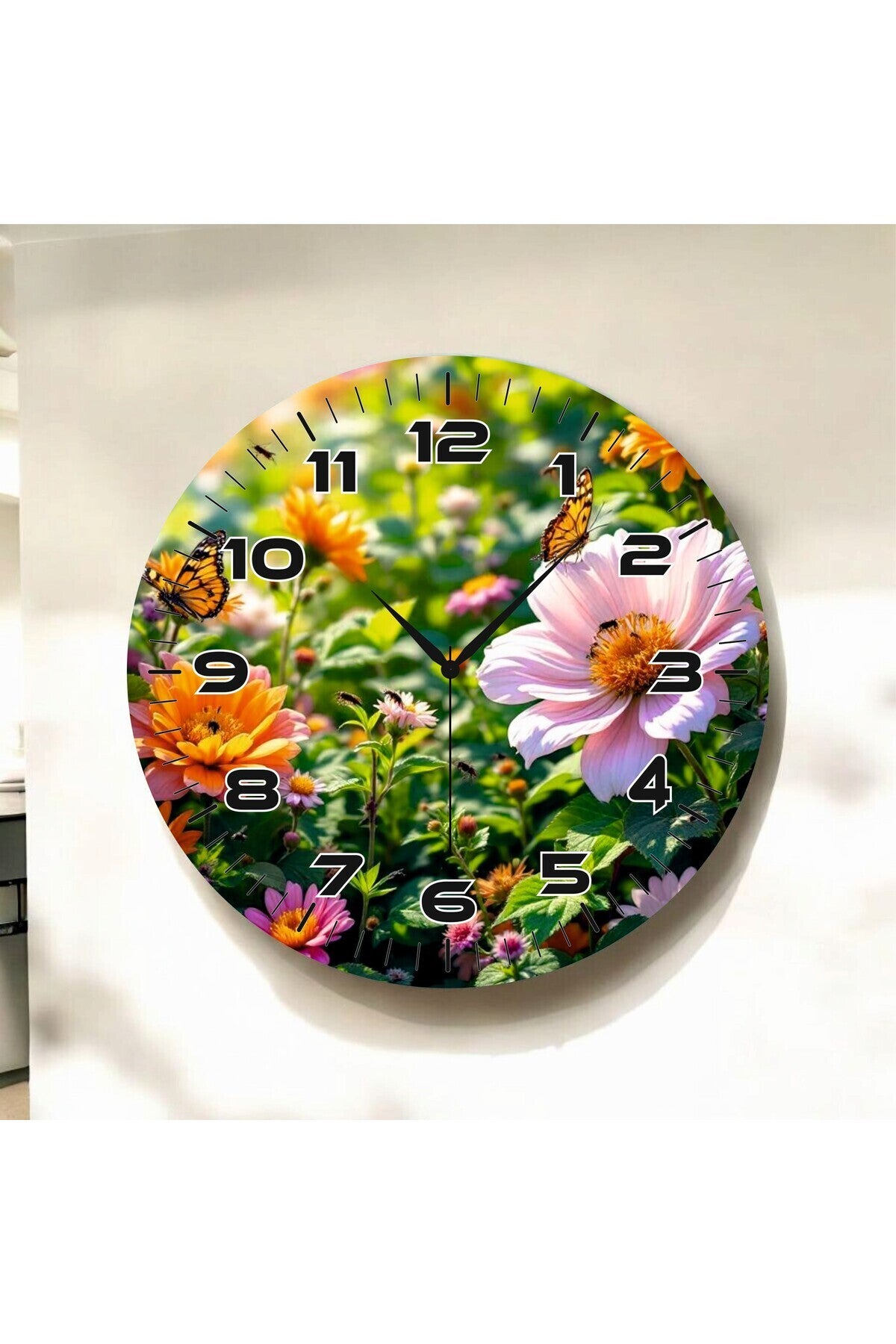Renkli Baskı Çiçek Doğa Desenli Sayılı Hediyelik Ahşap Sessiz Tablo Duvar Saati