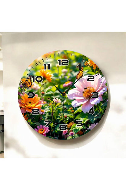 Renkli Baskı Çiçek Doğa Desenli Sayılı Hediyelik Ahşap Sessiz Tablo Duvar Saati