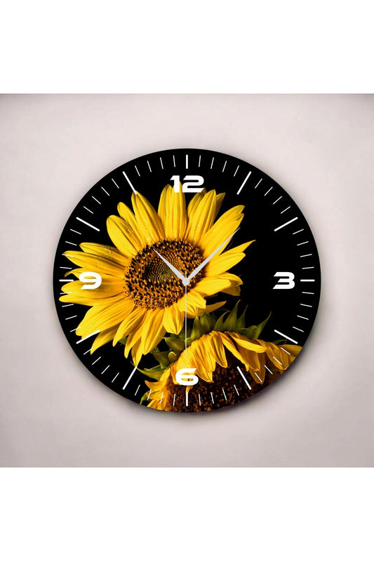 Renkli Baskı Ayçiçek Desenli Sayılı Hediyelik Ahşap Sessiz Tablo Duvar Saati