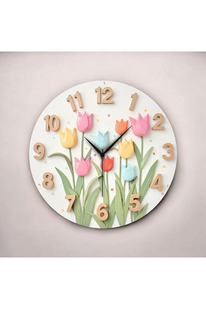 Renkli Baskı Çiçek Desenli Sayılı Hediyelik Ahşap Sessiz Tablo Duvar Saati
