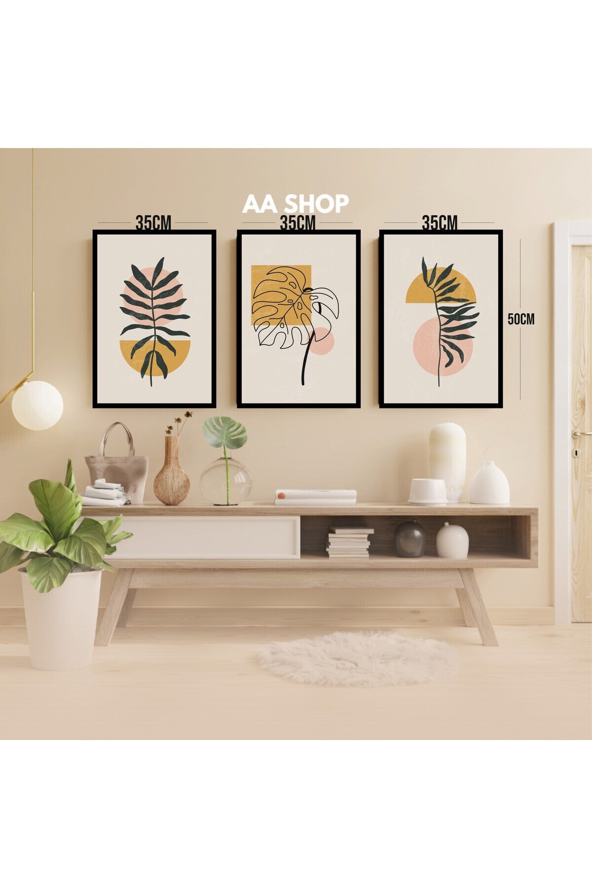 3 Parça Çiçek Yaprak Renkli Solmaz Kaliteli Baskı Çerçeve Görünümlü MDF Tablo Set 12