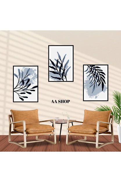 3 Parça Çiçek Yaprak Renkli Solmaz Kaliteli Baskı Çerçeve Görünümlü MDF Tablo Set 27